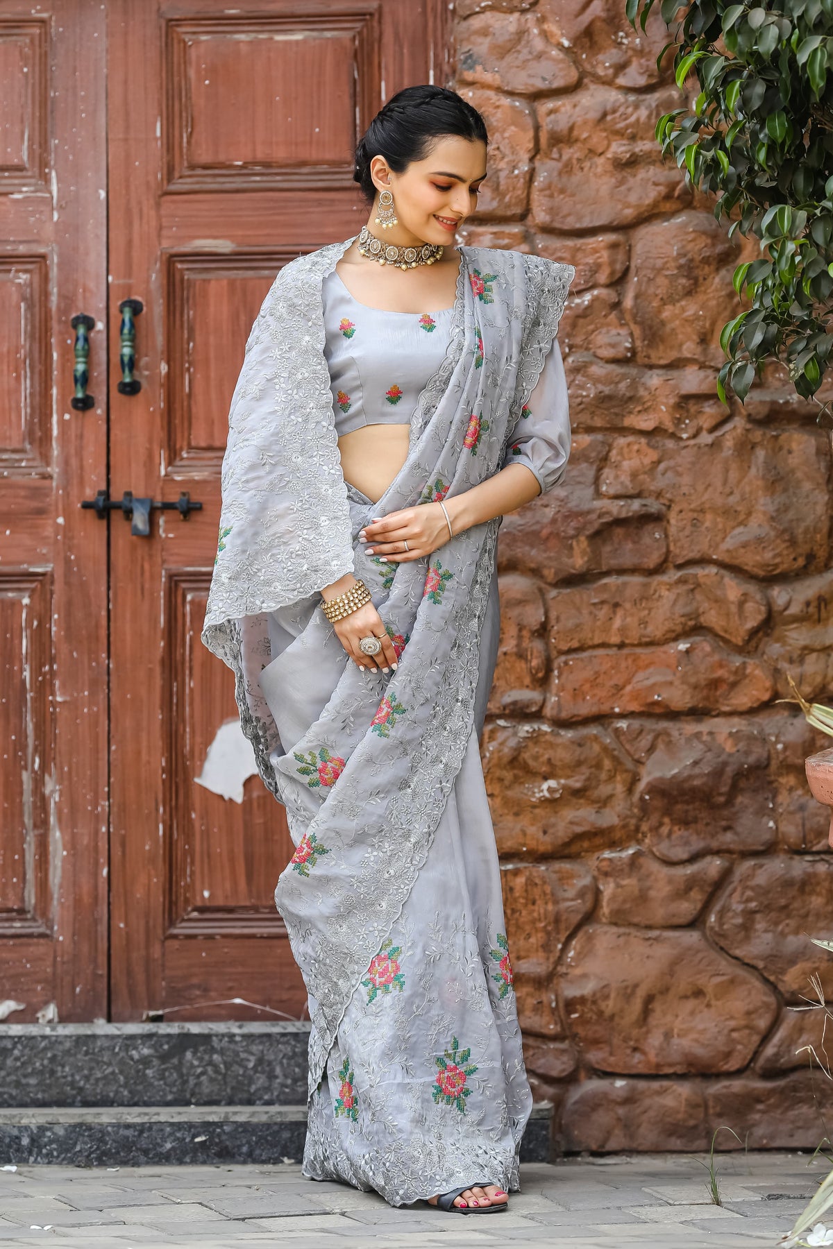 Ceremony Wear Zari Chiffon Grey Color Saree