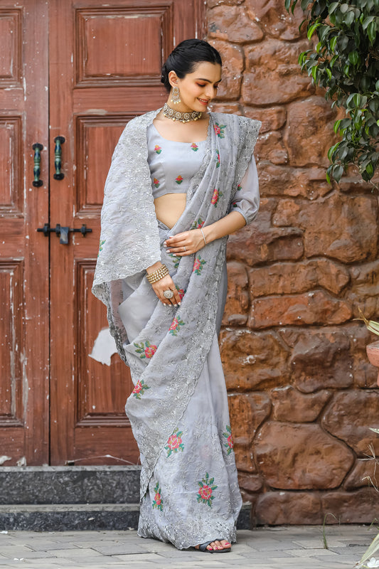 Ceremony Wear Zari Chiffon Grey Color Saree