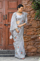 Ceremony Wear Zari Chiffon Grey Color Saree