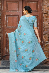 Ceremony Wear Zari Chiffon Blue Color Saree