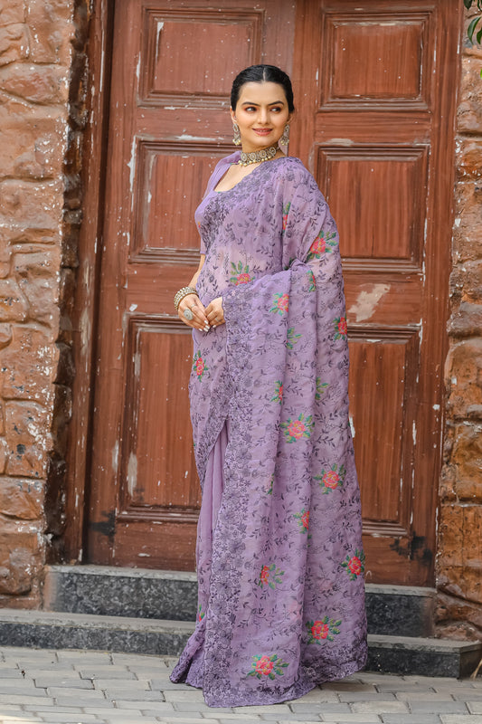 Ceremony Wear Zari Chiffon Purple Color Saree