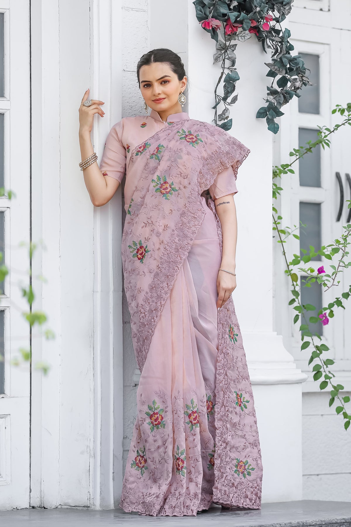 Ceremony Wear Zari Chiffon Dusty Pink Color Saree