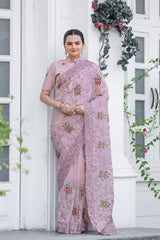 Ceremony Wear Zari Chiffon Dusty Pink Color Saree