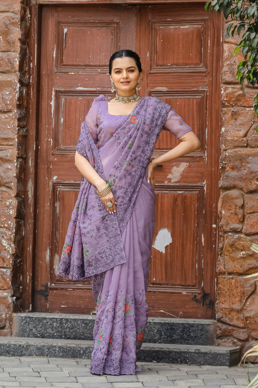 Ceremony Wear Zari Chiffon Purple Color Saree