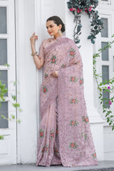 Ceremony Wear Zari Chiffon Dusty Pink Color Saree