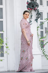 Ceremony Wear Zari Chiffon Dusty Pink Color Saree