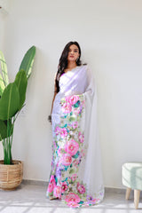 Amazing Floral Panel Designs White Color Saree