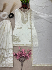 Demanding Embroidery Sequence Work White Color Sharara Suit