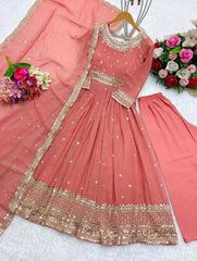 Stunning Embroidery Work Peach Color Gown