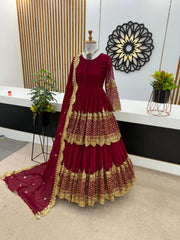 Mesmerizing Embroidery Sequence Work Red Color Top With Lehenga