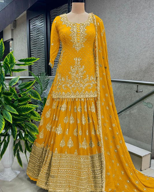 Presenting Embroidery Sequence Work Yellow Color Top With Lehenga