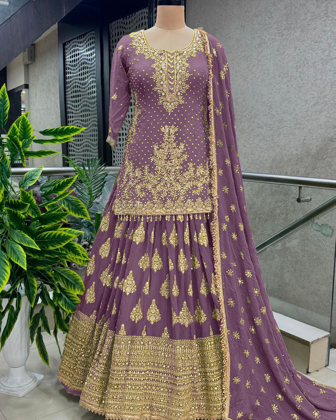 Presenting Embroidery Sequence Work Purple Color Top With Lehenga