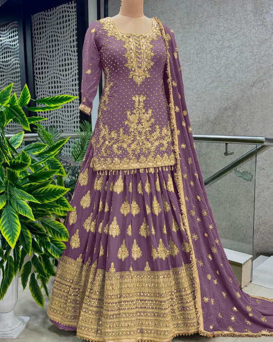 Presenting Embroidery Sequence Work Purple Color Top With Lehenga