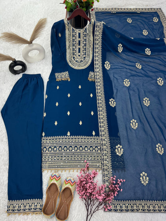 Captivating Embroidery Work Blue Color Anarkali Sui