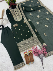 Captivating Embroidery Work Green Color Anarkali Suit