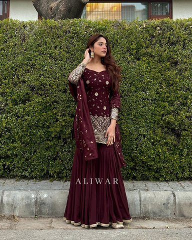 Mesmerizing Embroidery Sequence Work Wine Color Sharara Suit