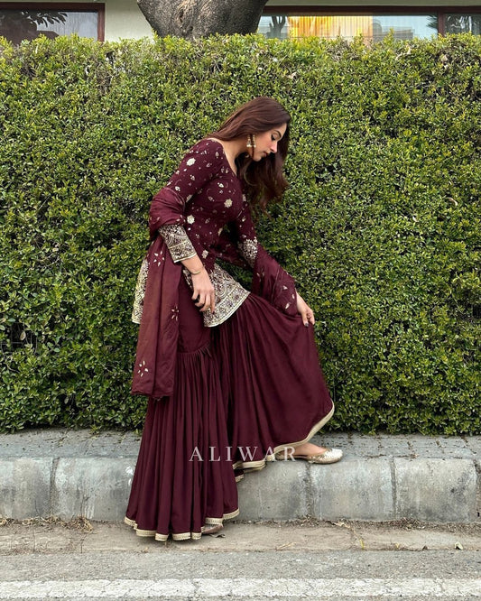 Mesmerizing Embroidery Sequence Work Wine Color Sharara Suit