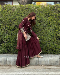 Mesmerizing Embroidery Sequence Work Wine Color Sharara Suit