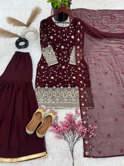 Mesmerizing Embroidery Sequence Work Wine Color Sharara Suit