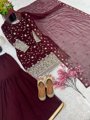 Mesmerizing Embroidery Sequence Work Wine Color Sharara Suit