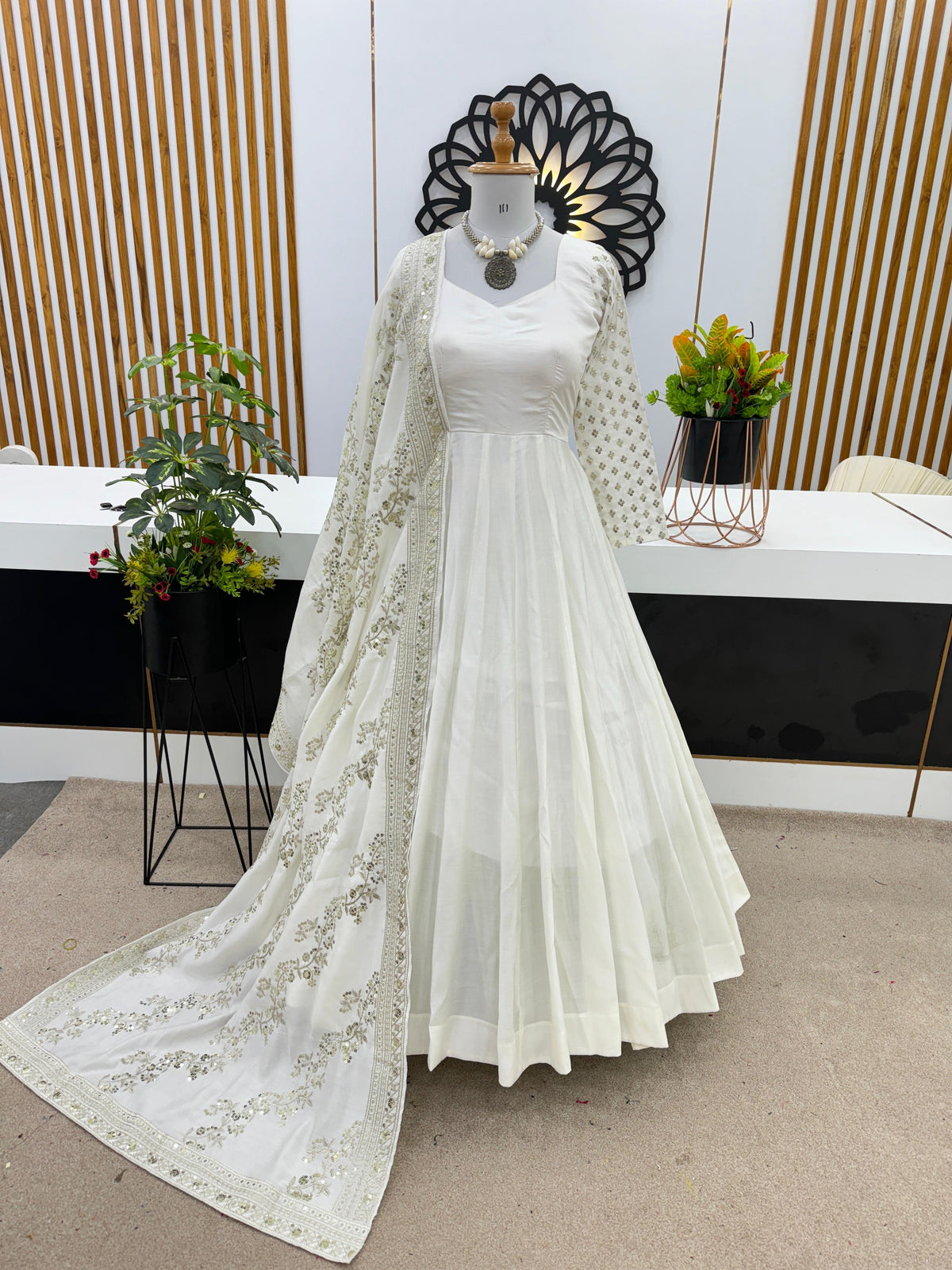 Graceful Embroidery Sequence Work White Color Gown