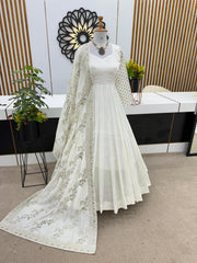 Graceful Embroidery Sequence Work White Color Gown