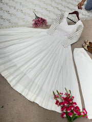 Graceful Embroidery Sequence Work White Color Gown