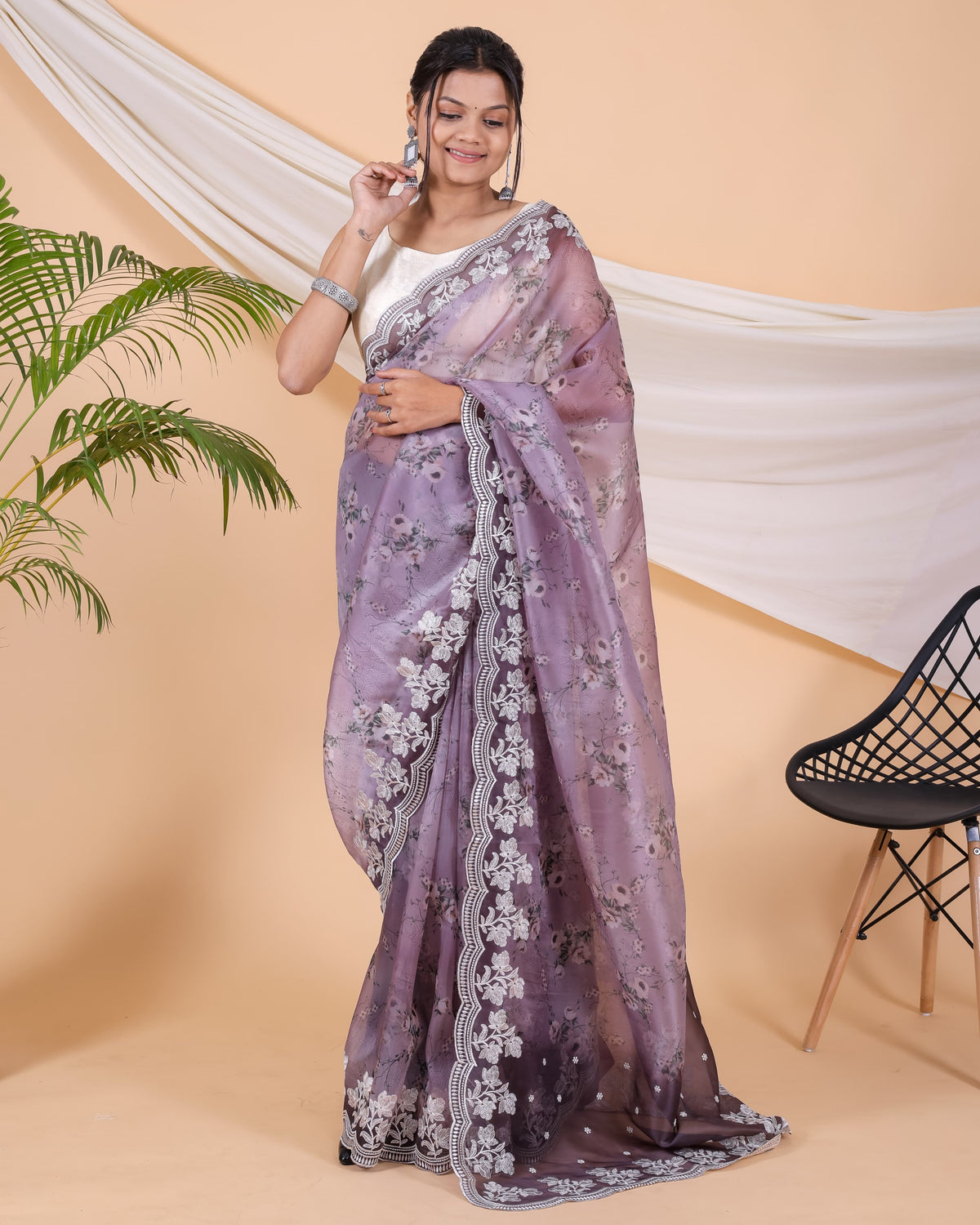 Beautiful Organza Silk Purple Color Saree