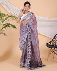 Beautiful Organza Silk Purple Color Saree