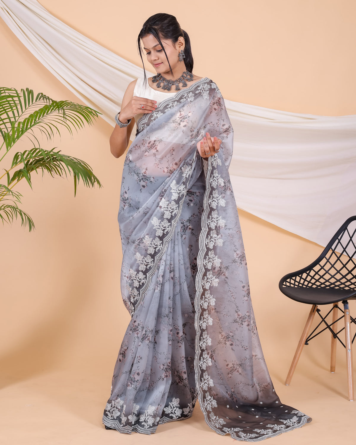 Beautiful Organza Silk Grey Color Saree