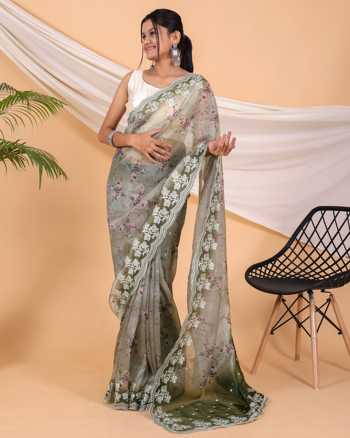 Beautiful Organza Silk Green Color Saree