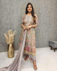 Fabulous Grey Color Printed And Coin Work Palazzo Suit