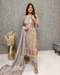 Fabulous Grey Color Printed And Coin Work Palazzo Suit