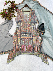 Fabulous Grey Color Printed And Coin Work Palazzo Suit