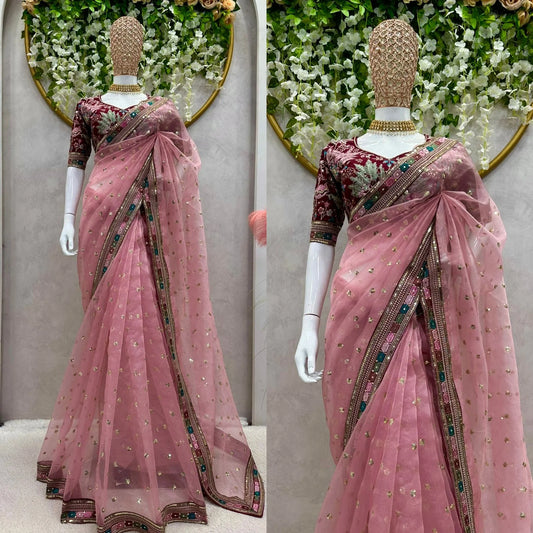 Outstanding Thread Work Organza Pech Color Saree