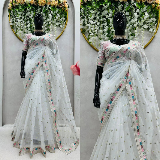 Outstanding Thread Work Organza White Color Saree