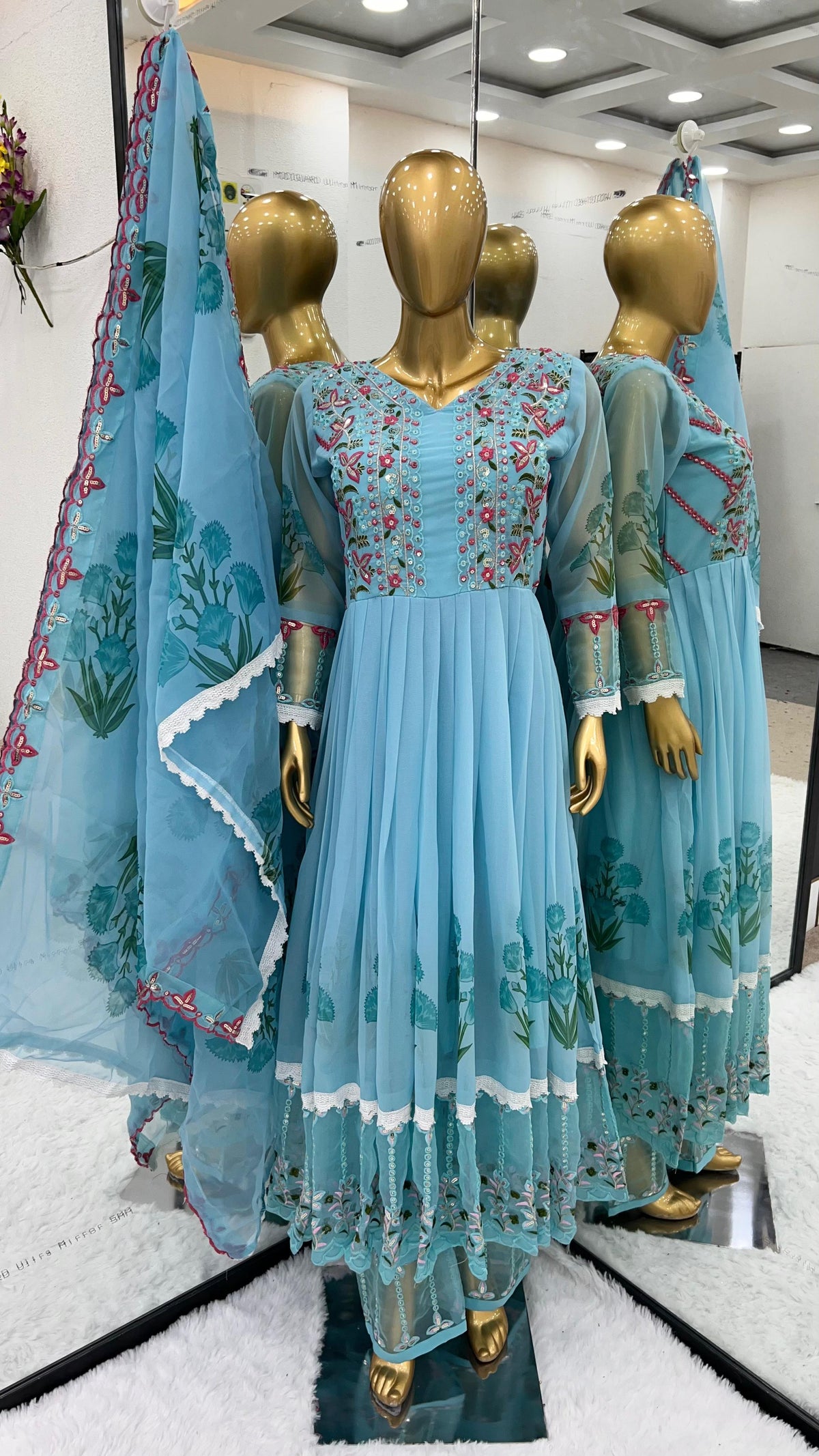 Terrific Sky Blue Color Digital Print Work Anarkali Suit