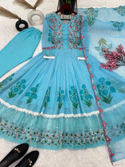 Terrific Sky Blue Color Digital Print Work Anarkali Suit