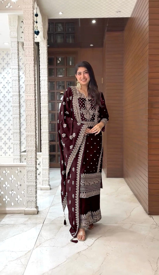 Graceful Embroidery Work Brown Color Palazzo Suit