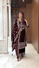 Graceful Embroidery Work Brown Color Palazzo Suit