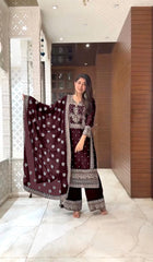 Graceful Embroidery Work Brown Color Palazzo Suit