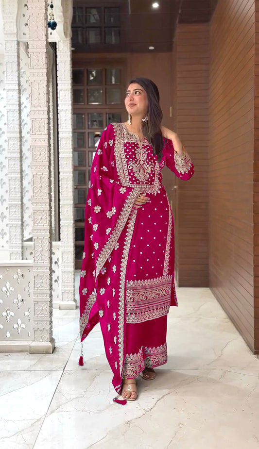 Graceful Embroidery Work Pink Color Palazzo Suit