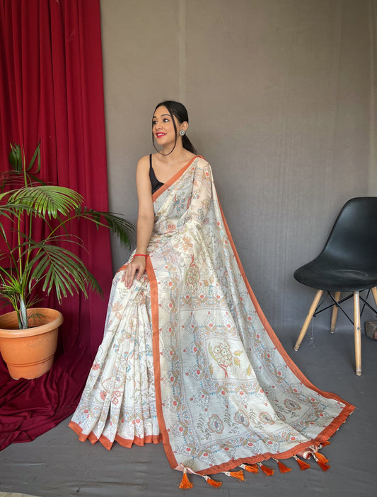 Preferable Malai Cotton Orange Color Saree