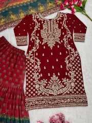 Innovative Red Color Embroidery Work Sharara Suit