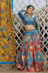 Captivating Kalamkari Print Blue Color Lehenga Choli