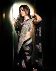 Tejasswi Prakash Black Color Georgette Embroidered Work Saree