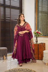 Classy Sequence Work Wine Color Plazzo Suit