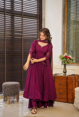 Classy Sequence Work Wine Color Plazzo Suit