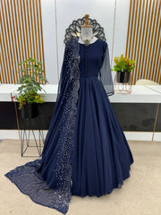 Party Wear Plain Navy Blue Color Gown