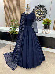 Party Wear Plain Navy Blue Color Gown